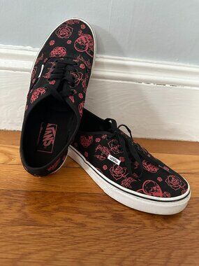 Vans Women's 9.5 Low-Top Sneakers Black with Red Skull & Rose Print